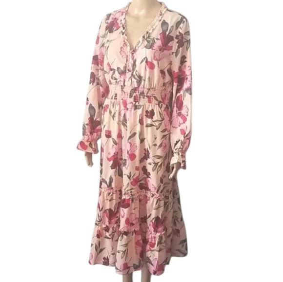 KOjOOIN Pink Floral Smocked Tiered Midi Dress SZ L - Picture 3 of 17